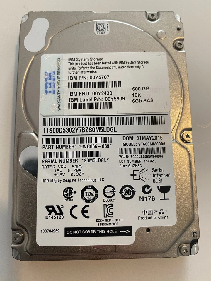 IBM 600Gb 2.5" SAS V3700 V7000 6G 10k 10000rpm 00AR325 00Y2430 00Y2503 00Y5707 - Image 1 of 1