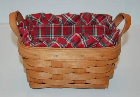 Vintage  1992 LONGABERGER Tea Basket w/Fabric Liner & Leather Handles 7"x 5"x 4" Cover