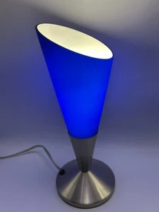 Vintage 90s Cobalt Blue Glass Cone Table Lamp Metal  Base - Picture 1 of 19