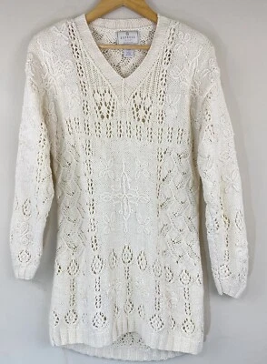Suéter De Colección Express Tricot Grueso Tejido a Mano Cuello en V Boho Bordado Crema Talla S Foto 1 de 4