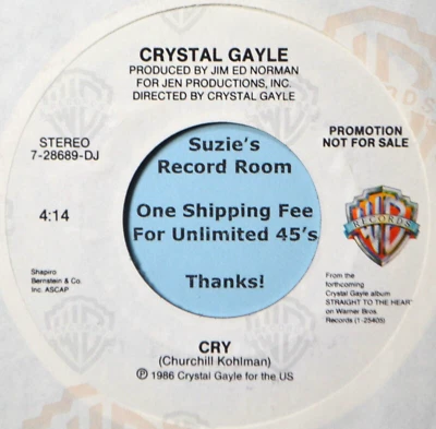 Crystal Gayle Cry - поп кантри DJ промо NM 45 7» винил - оптом купить купоны! - Изображение 1 из 3