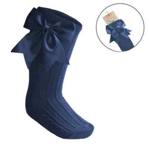 Baby Girls Knee High Satin Bow Socks Steel Blue Soft Touch 0-24 Months UK - Picture 1 of 2