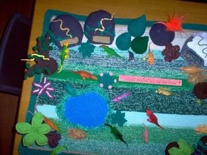 Handcrafted/crochet Dinosaur playmat, with 15dino, 8trees, volcano, pond, caves - Picture 1 of 10