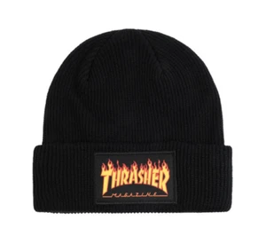 THRASHER MAGAZINE Flame Logo Patch Beanie Hat Black OSFA - Picture 1 of 2
