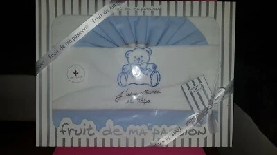 2 DRAPS + 1 TAIE D'OREILLER 100% COTON J'aime Maman Et Papa Bleu Et Blanc bébé  - Photo 1/3