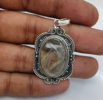 Dorato Rutilo Quarzo Ciondolo 925 Argento Sterling Fatto a Mano Vintage Bohemien - Immagine 1 di 4