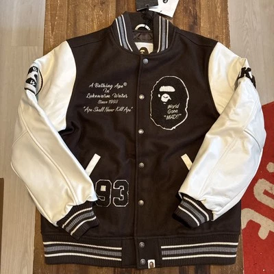 BAPE Varsity Jacket Leather Sleeves SZ LRG Brown & White Letterman A Bathing Ape - Image 1 of 4