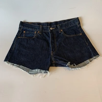 Retro Levi’s 501 Denim Shorts W34 High Waisted Cut-Offs Dark Wash - Image 1 of 4