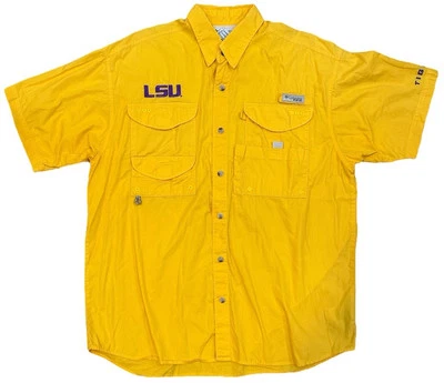 Columbia PFG LSU 男式纽扣衬衫黄色紫色短袖 M 码 — 第 1/4 张图片