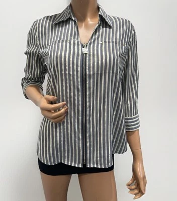 Anne Klein 金色和灰色条纹全拉链 3/4 袖罩衫,尺寸 P M — 第 1/4 张图片