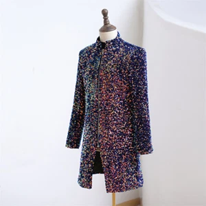 Men Formal Sequin Zip Up Tuxedo Long Jacket Dress Suit Blazer Showman Costume - Picture 1 of 9