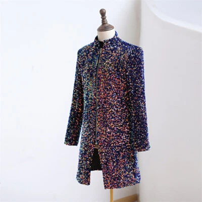 Men Formal Sequin Zip Up Tuxedo Long Jacket Dress Suit Blazer Showman Costume - Image 1 of 4