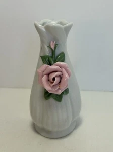 Vintage White Bud Vase With Raised Pink Flowers 4 Inches Tall - Picture 1 of 9