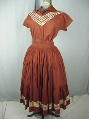 Винтажный 50-х коричневый розовый зеленый юго-западный патио хлопок верх и юбка бюст 40/талия 27 - Изображение 1 из 4