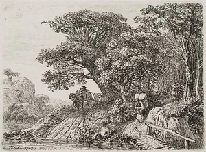 J. ERHARD (1795-1822), Wanderer und Karren am Waldrand, 1817, Rad. Landschaft - Picture 1 of 4