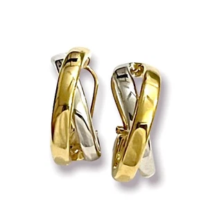 14K Solid Yellow & White Gold ‘X’ Half Hoop Earrings Hoops Omega Back 7/8” - Picture 1 of 4