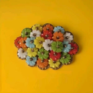 Vintage 1940s Miriam Haskell Brooch Wired Lucite Flower Filagree Pin 2" Colorful - Picture 1 of 5