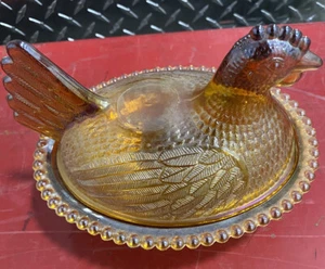 Vintage Amber Brown Glass Lid and Bowl Hen Chicken Nesting Candy Dish - Picture 1 of 9