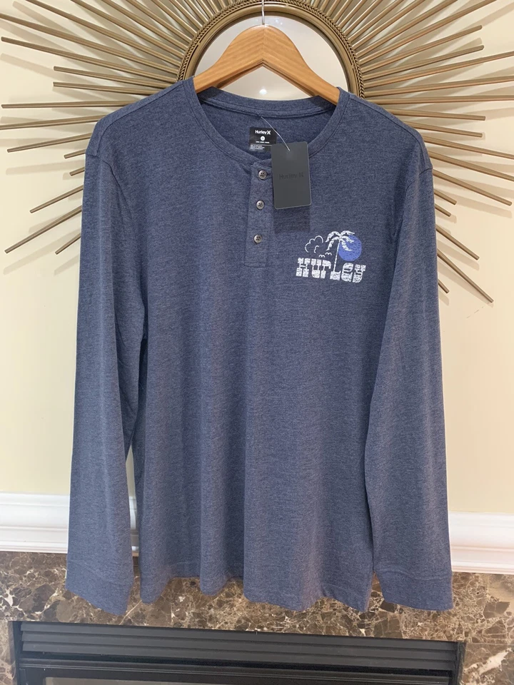 Hurley Men’s Long Sleeve Henley Shirt Beach Palm Tree Size Large New With Tag - Image 1 of 4