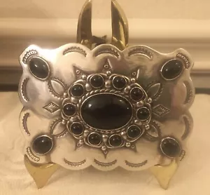 Silver Plate Belt Buckle with Obsidian - Picture 1 of 2