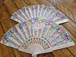 Lot 2 Confetti Embroidered Fabric Folding Handheld Fan Sequin Party Bridal USA - Picture 1 of 5