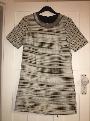 ZARA Women Black & White Stripe Geometric Print Mod Mini Dress Shift Beaded - Image 1 of 4