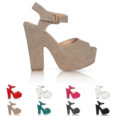 WOMENS PLATFORM HIGH CHUNKY HEEL PEEP TOE ANKLE STRAP SANDALS SHOES SIZE 3-8 - Image 1 of 4