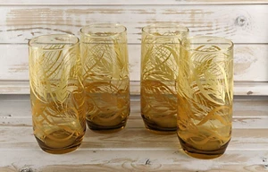 Libbey Amber Wheat Pattern Set of 4 Drinking Glasses 16 oz 6" MCM - Picture 1 of 13