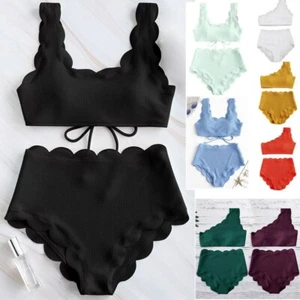 Women Sexy High Waisted Swimsuit Two s Scalloped Trim One Shoulder Bikini - Picture 1 of 23