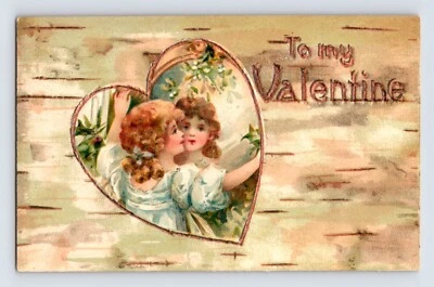 Tarjeta Postal San Valentín Linda Niña Espejo Corteza de Abedul Pre-1907 Sin Publicar Foto 1 de 2