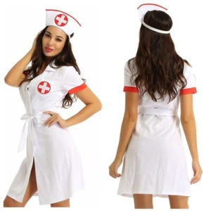 Women's Halloween Nurse Uniform Short Sleeves Dress with Belt and Hat Costume - Picture 1 of 31