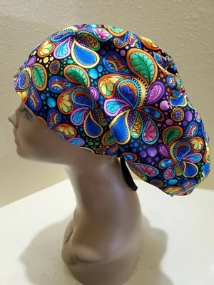 Bright Paisley (Black) Women's  Euro/Chef Surgical Scrub Hat/Cap Handmade - Image 1 of 4