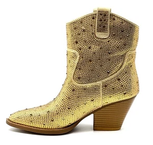 Forever Women Cowboy Western Ankle Boots Rhinestone Bling Booties River-01 Gold - Picture 1 of 3