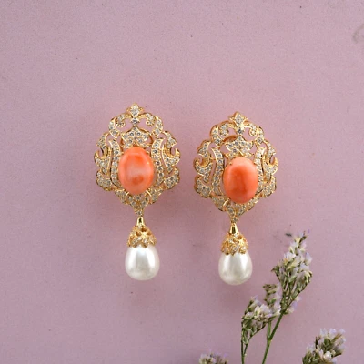 19.41 TCW Coral Pearl Lab Grown CVD Diamond Dangle Earrings 18k Yellow Gold Gift - Image 1 of 4