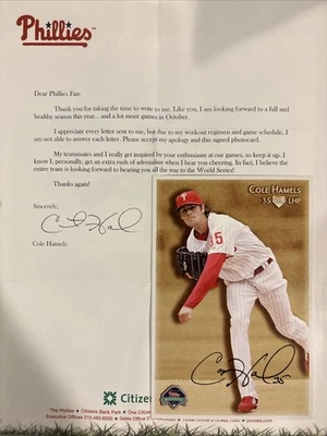 Signed 4x6 COLE HAMELS Philadelphia Phillies Autographed photo -w/ Letter - Image 1 of 4