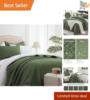 Olive Green King Quilt Set 3pc Lightweight All Seasons Bedspread Pillow Shams - Image 1 of 4
