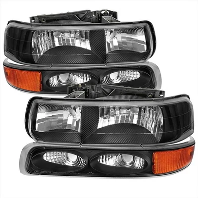 For 99-02 Silverado 00-06 Tahoe Suburban Black Headlights +Turn Signals w/Amber - Image 1 of 2
