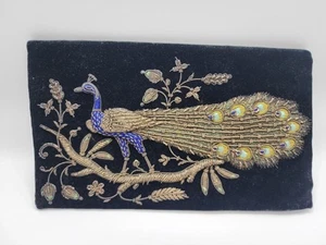 Vintage Embroidered Peacock Black Velvet Metallic Thread Satin Purse Clutch - Picture 1 of 24