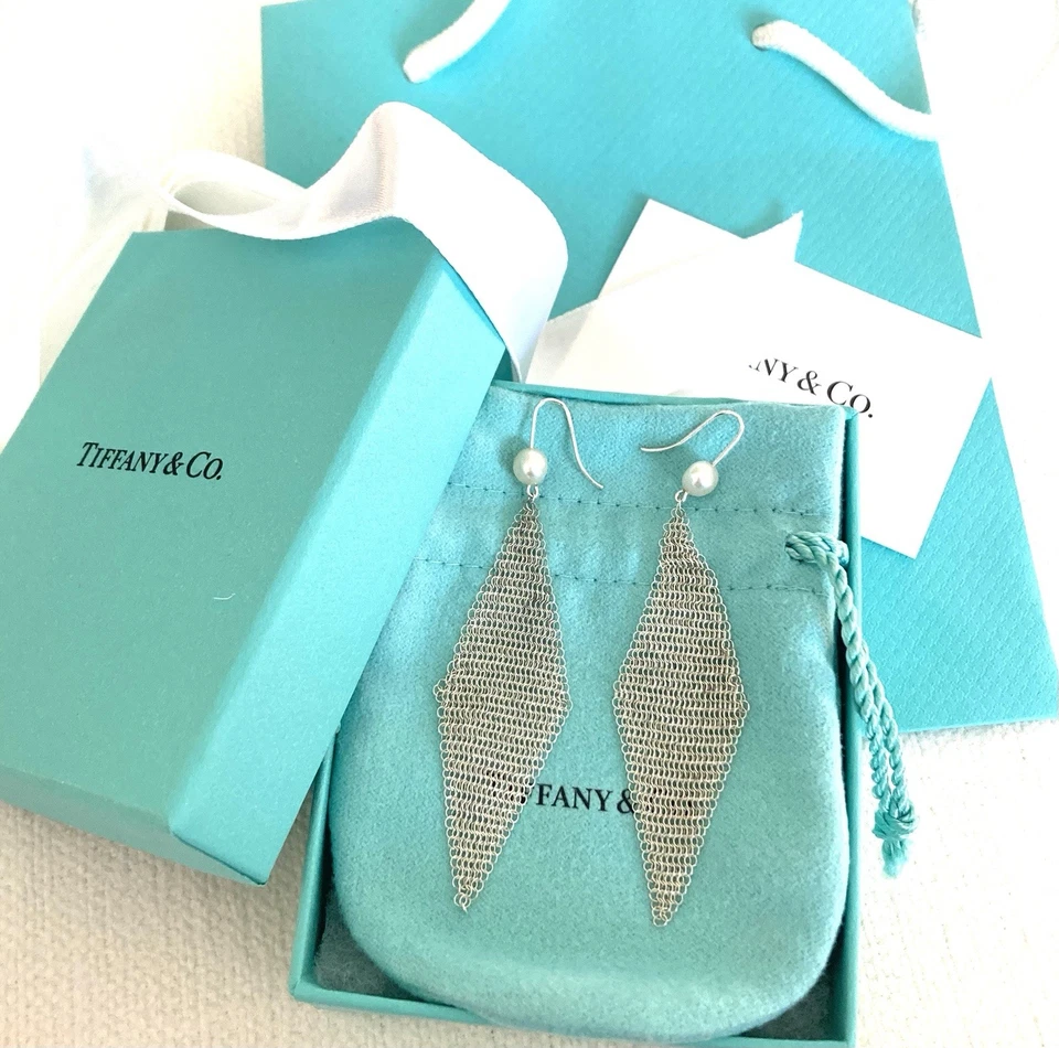 PENDIENTES DE 3” TIFFANY & CO ELSA PERETTI PERLA MALLA COLGANTE PERFORADO TODO EMBALAJE Foto 1 de 1