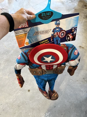 Deluxe Captain America Toddler Costume Size 3T/4T Padded Jumpsuit/Mask /Shield - Image 1 of 4