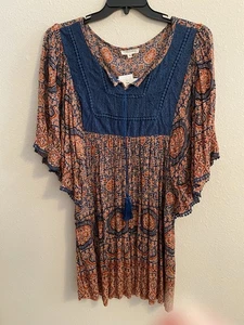 Neu mit Etikett Rebellion Again mehrfarbige rost/blaue Tunika/Kleid gehäkelt Glockenärmel 3X - Bild 1 von 13