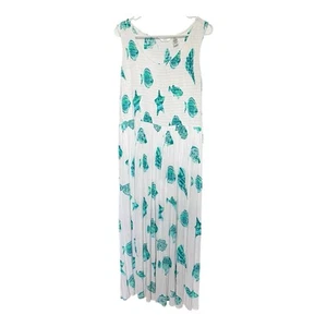 Kaktus Maxi Dress L Sea Life Print White Aqua Smocked Boho Summer Beach Resort - Picture 1 of 5