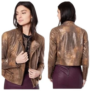 Free People We The Free Snake Print Vegan Leather Moto Jacket Brown L NWT - Picture 1 of 15