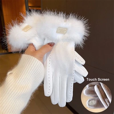 Women Warm Winter Gloves Imitation Mink Fur Suede Gloves Thermal Cycling Gloves - Image 1 of 4