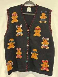 Susan Bristol Cardigan Vest Womens Large Black Christmas Gingerbread Knitted - Picture 1 of 4