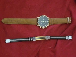 Geneva Men’s Watch Gold Tone Case- Brown Leather Band +Stainless Steel Bracelet  - Picture 1 of 7