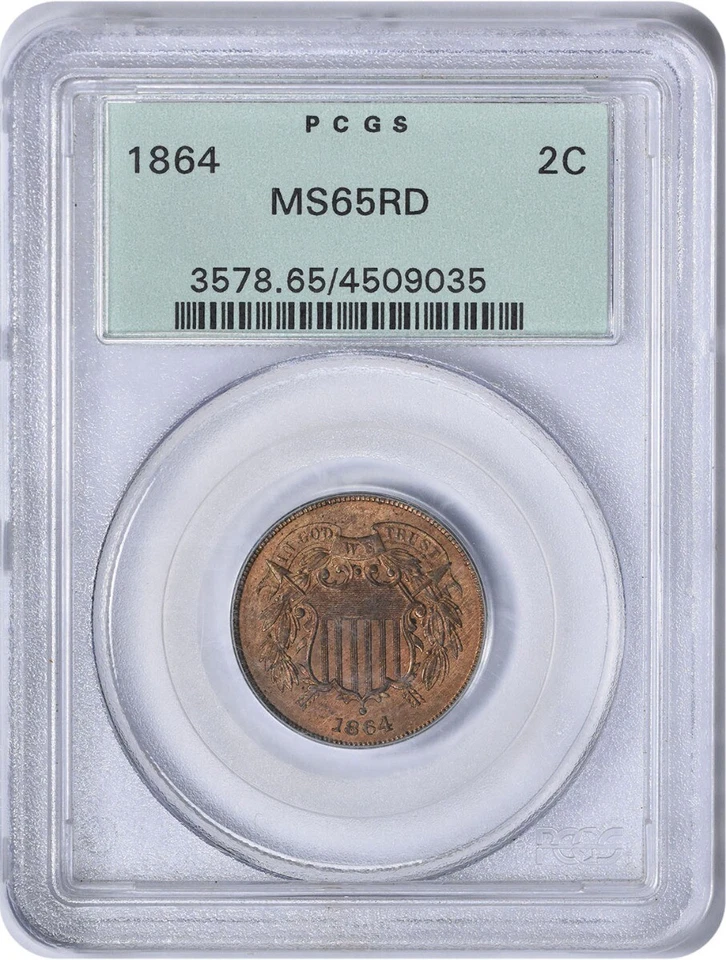 1864 Two Cent Piece Large Motto MS65RD PCGS - Image 1 of 4