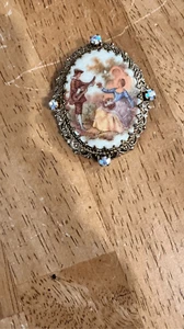WMAC Painted Oval Ceramic Brooch, Gold Tone Frame Rhinestones - Picture 1 of 8