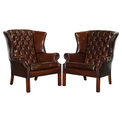 GORGEOUS PAIR OF WHISKY BROWN HAND DYED GEORGIAN STYLE LEATHER WINGBACKS Cover