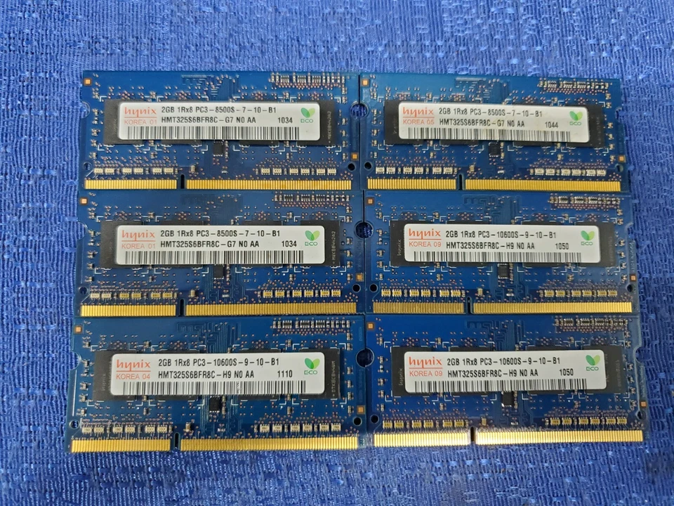 Lot of 6 Hynix 2GB 1Rx8 PC3-8500S-7-10-B1 & 1Rx8 PC3-10600S-9-10-B1 - Image 1 of 2
